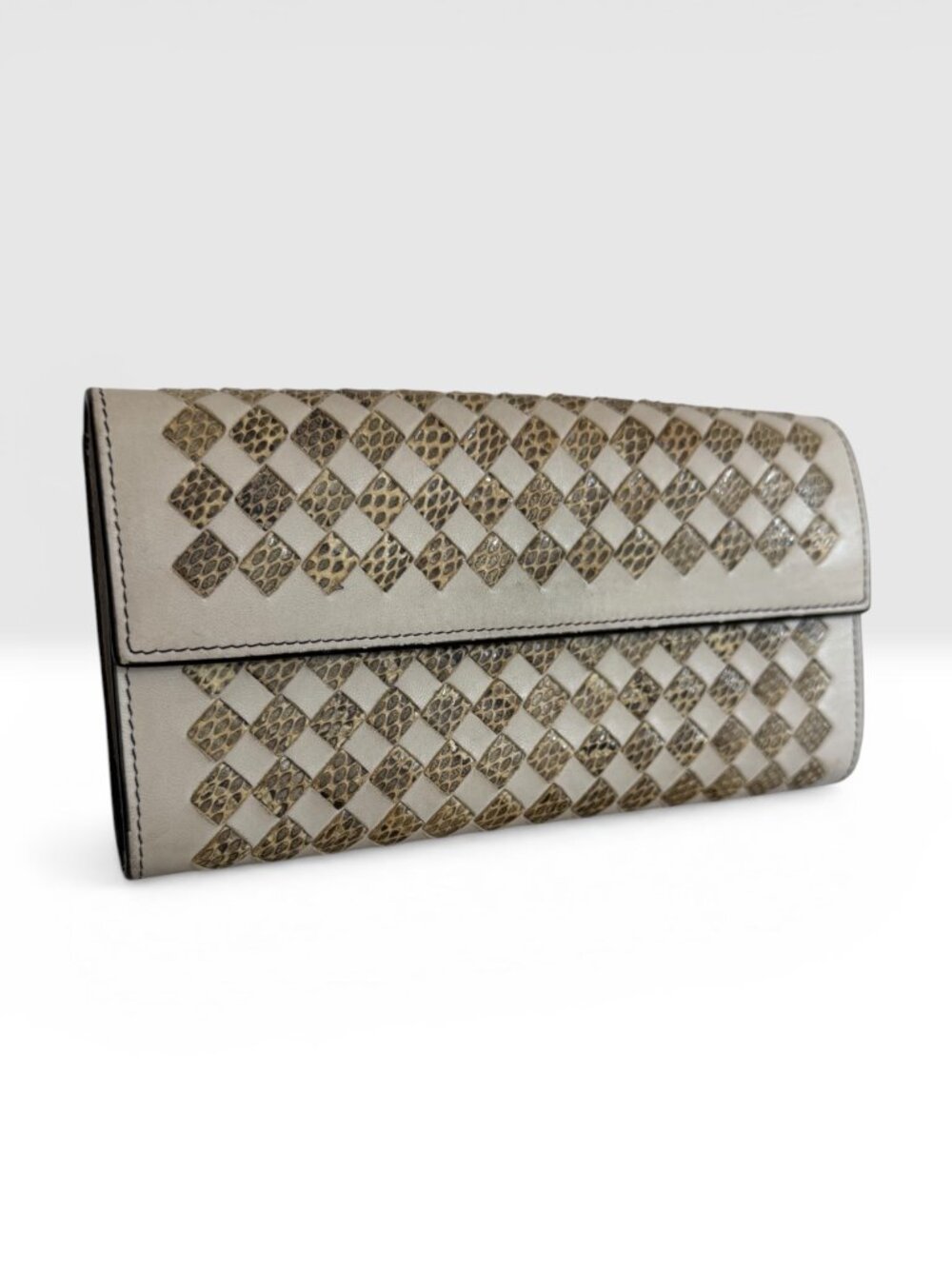 Bottega Veneta Intrecciato Python Leather Continental Wallet Beige Tan Dust Bag